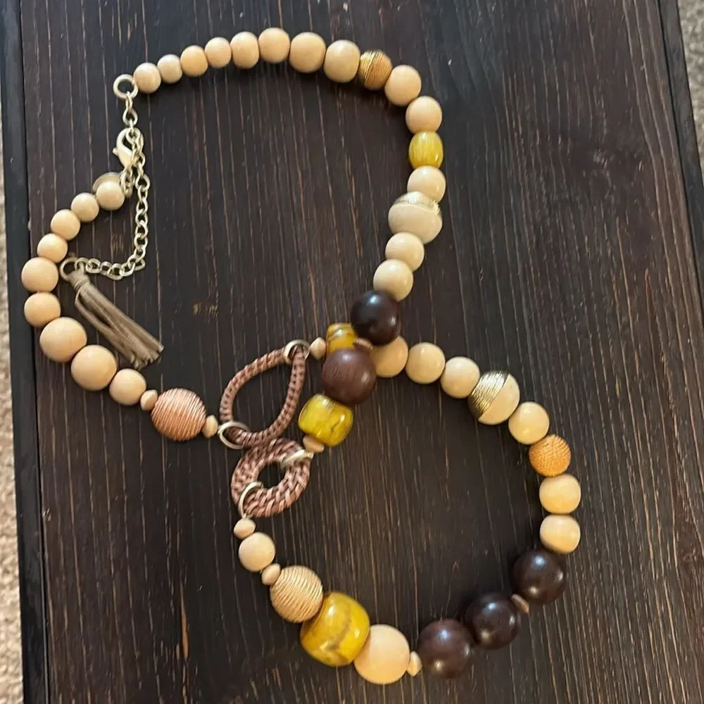 Chico’s gold and brown wooden beaded necklace